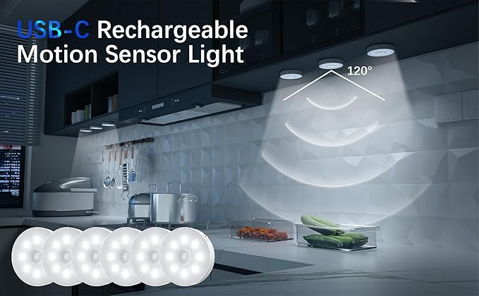 Under Cabinet Light Motion Sensor - Rechargable Closet Puck Lights, Stick on Night Lighting Magnet, Under Counter Lights Kitchen, LED Montion Sensor Light, Wireless Locker Nightlights 3-Pack