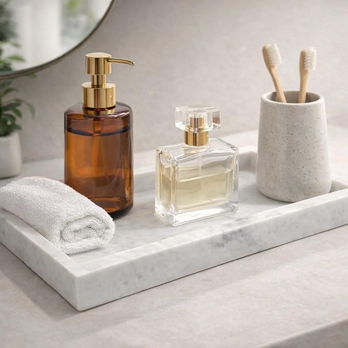 Natural White Marble Tray for Bathroom | Kitchen | Vanity | Desktop, Stone Organizer for Coffee Table, Dresser, Nightstand, Candles, Soap, Towel, Plant, Jewelry (12" x 8"), Rectangular