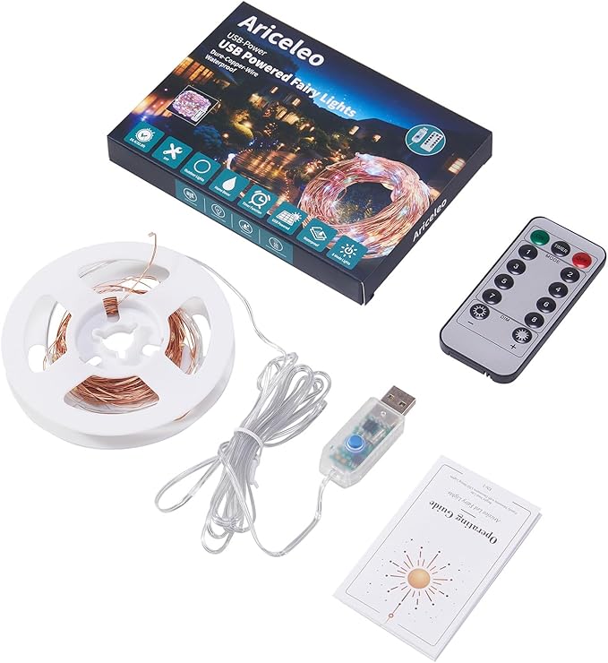 1 Pack 32. 8 ft. USB Powered Fairy Lights with Remote & Timer, 100 LED USB Twinkle String Lights - Silver Wire, 8 Modes, Waterproof, Multi Color Starry Lights for Party, Wedding, Christmas