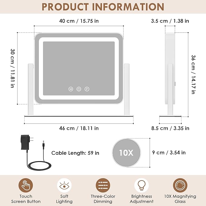Lighted Makeup Mirror,18" x 14" Led Vanity Mirror with with 3 Color Modes & Adjustable Brightness,Smart Touch Control,360 Degree Rotation,for Dressing Room & Bedroom,AC-Powered, Metal Frame Design