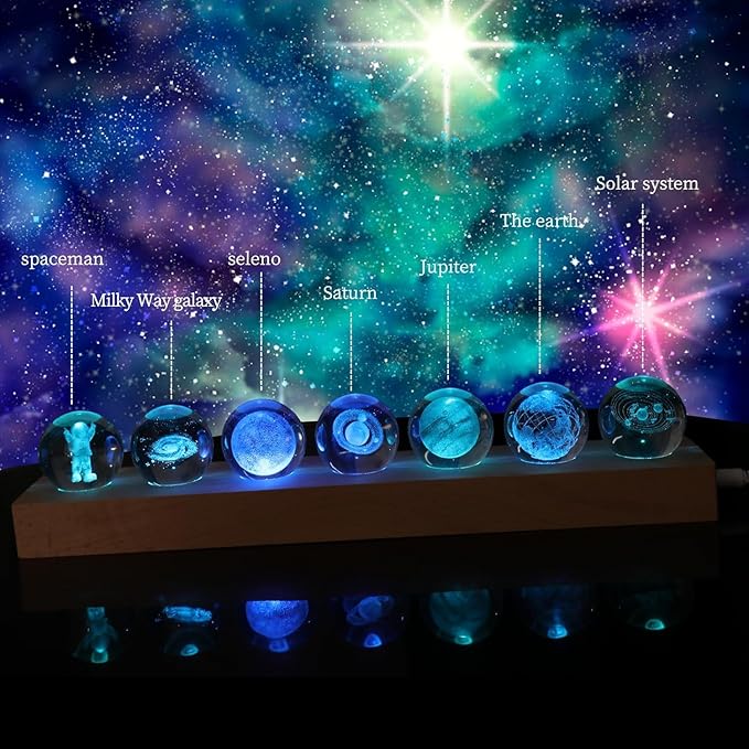 3D Crystal Solar System Crystal Ball with Led Lamp Base Galaxy Jupiter Saturn Moon Earth Solar System Space Astronomy Planets Globe Ball Astrophysics Gift Night Light Kids Adults Gift