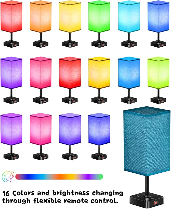 Bluetooth/WiFi RGB & USB Bedside Table Lamp with 3 USB Charging Ports 2 Outlets Power Strip, LED Light Bulb Dimmable, Music Sync Color Changing Light (RGB - Green Shade)