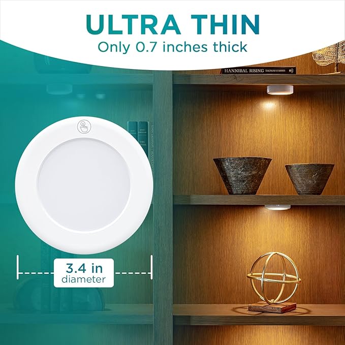 Brilliant Evolution LED Tap Light Push Lights with Remote - 6-Pack Battery Operated Under Cabinet Lights - Stick On Puck Lights for Kitchen, Closet, and Night Lighting - Wireless Warm White, 55 Lumens