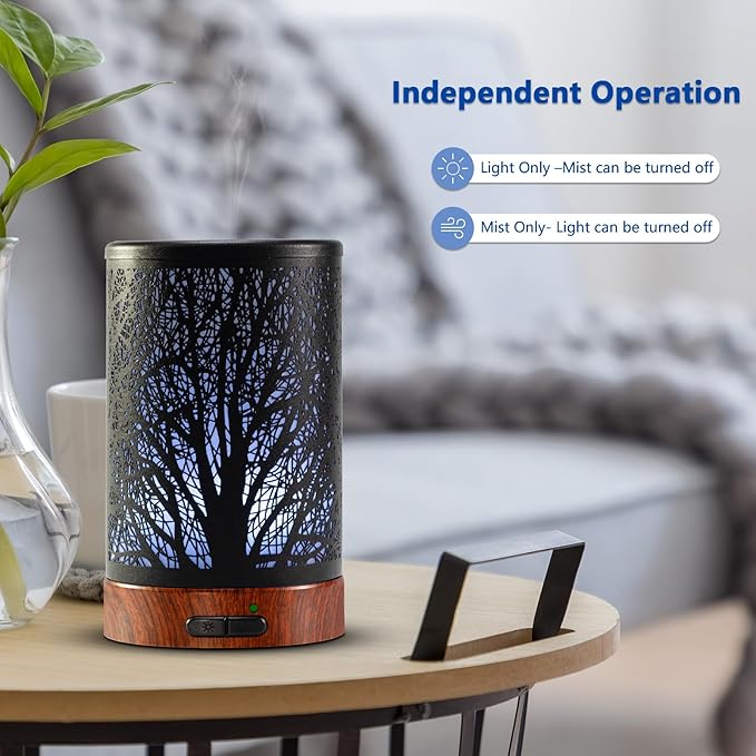 EQUSUPRO Essential Oil Diffuser 150ml Black Metal Aromatherapy Oil Diffuser Ultrasonic Cool Mist Diffuser with Auto Shut-Off Protection,7 Colors Changed LED for Home Office SPA Yoga (A-Tree)