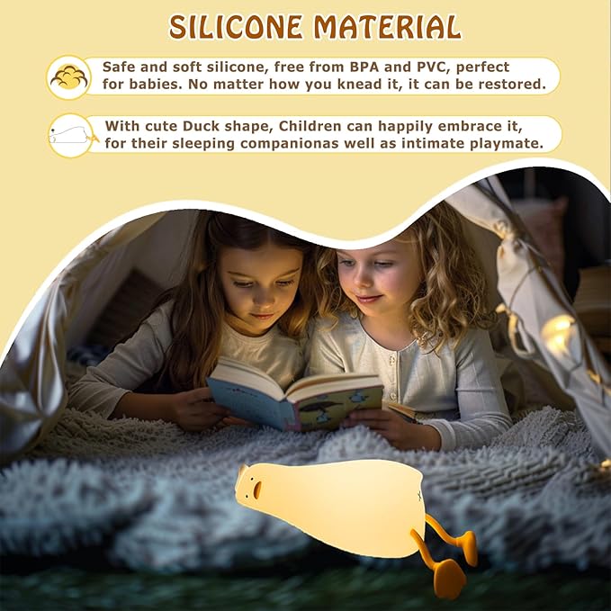 Lying Flat Duck Night Light, Cute Silicone Light Up Duck, 3 Level Dimmable Nursery Nightlight, LED Duck Lamp, Rechargeable Bedside Touch Lamp for Breastfeeding Toddler Baby Kids Decor