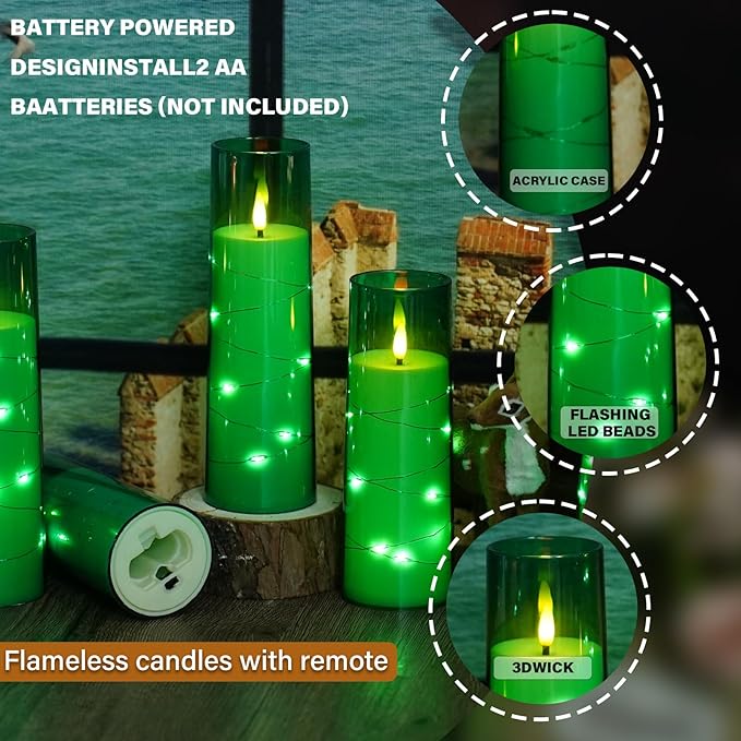Flickering Flameless LED Candles,Battery Operated Candles 9 Pcs with Embedded Star String,Acrylic LED Pillar Candles with Remote,Suitable for Home Decoration to Create an Atmosphere (Green)