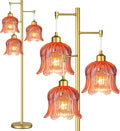 Pink Floor Lamp for Living Room,Bedroom,Gold Mid Century Modern Standing Lamp Brass Tree 3 Light Tall Floor Lamps Floor Lights Glass Flower Lamp Shade Girls Kids Boho Bohemian