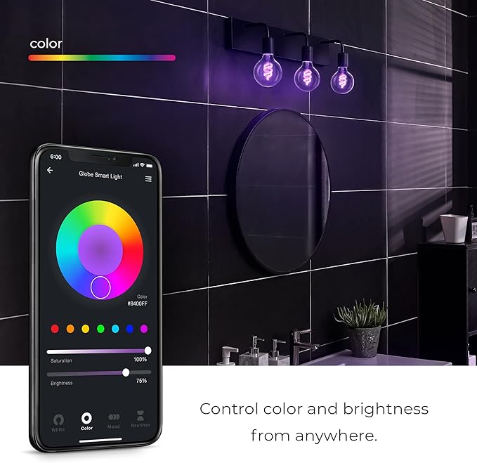 Globe Electric 35851 Wi-Fi Smart 7W (60W Equivalent) Spiral Filament Multicolor Changing LED Light Bulb, No Hub Required, Voice Activated, 2000K - 5000K, G25 Shape, E26 Base, Vintage Edison