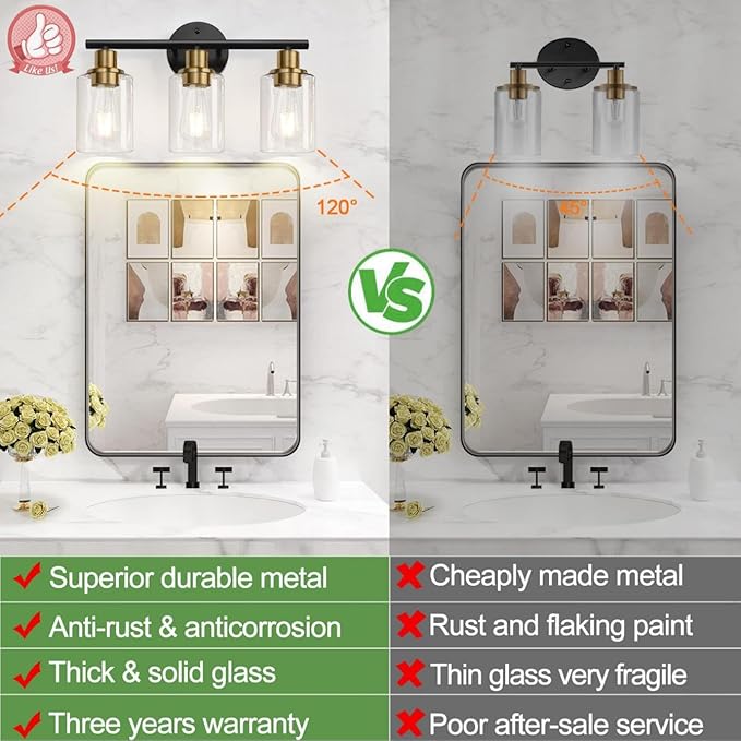 3-Light Bathroom Light Fixtures, Black and Gold Bathroom Wall Lights, Modern Vanity Light with Clear Glass Shade, Bathroom Wall Lamp for Mirror Kitchen Bedroom Hallway Cabinet