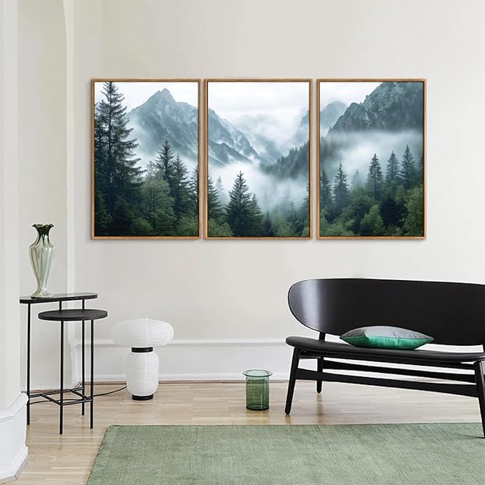 YeeHomedec Large Mountain Framed Canvas Wall Art, Modern Calming Forest Wall Decor, Misty Nature Mountains Art Painting, Wooden Pine Trees Artwork for Living Room Bedroom Farmhouse 24"x36"x3