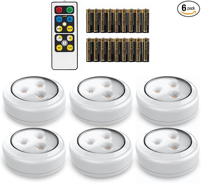 Brilliant Evolution Stick On Push Lights - 6 Pack Remote Controlled LED Lights Under Cabinets - DIY Stick On Lights for Closet, Counter, Kitchen - Battery Operated Puck Lighting with Remote