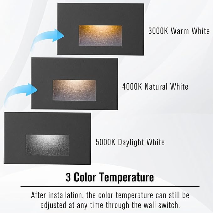 Step Lights Outdoor 12V Low Voltage 4W LED Stair Lights Indoor 3 Color Adjustable 3000K/4000K/5000K, 150LM IP66 Waterproof Black Light for Steps Horizontal, 3-Pack