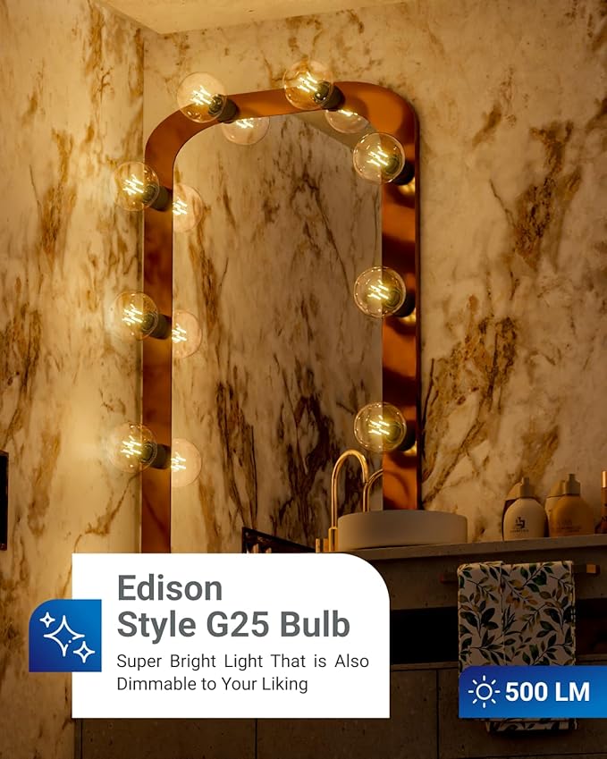 Sunco 10 Pack G25 Globe Light Bulbs LED Edison Vanity Light Bulbs, CRI90 2700K Soft White, Dimmable, 5W=60W, Clear Vintage Filament Globe, 500 Lumens, E26 Base Indoor Outdoor Clear UL