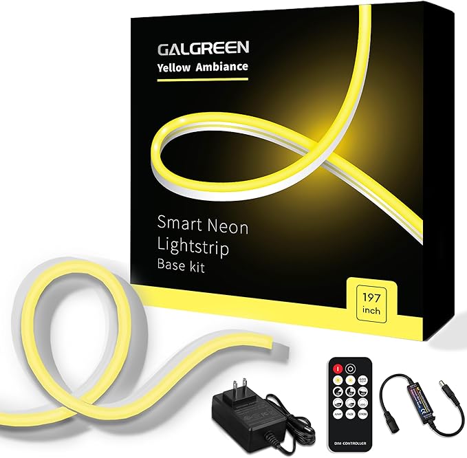 Neon Rope Lights, 16.4ft Rope Lights with Dimmable Remote and Adapter, Waterproof Flexible Smart Led Strip Lights for Bedroom, Super Bright, DIY Neon Sign, Indoors Outdoors Decor, LemonYellow