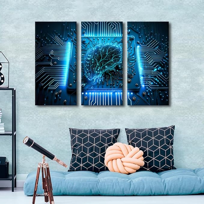 TUMOVO Artificial Intelligence Decor AI Pictures Print 3 Panel Computer Processor Canvas Wall Art Technology Artwork Modern Wall Decoration for Living Room Ready to Hang, 36" Wx24 H