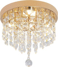 Deckrico Gold Crystal Chandelier Flush Mount Ceiling Light – Modern LED Lighting Fixture for Bedroom, Closet, Bathroom, Hallway – Warm Light