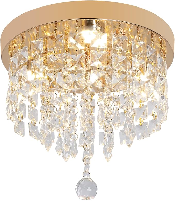Deckrico Gold Crystal Chandelier Flush Mount Ceiling Light – Modern LED Lighting Fixture for Bedroom, Closet, Bathroom, Hallway – Warm Light