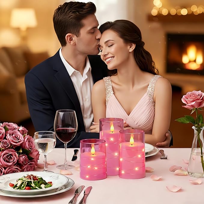 Homemory Flameless Candles with Embedded Star String Fairy Lights, Battery Operated Candles, LED Candle, Fake Candles with Remote Control and Timer, Pink, Set of 3(H 4" 5" 6”)