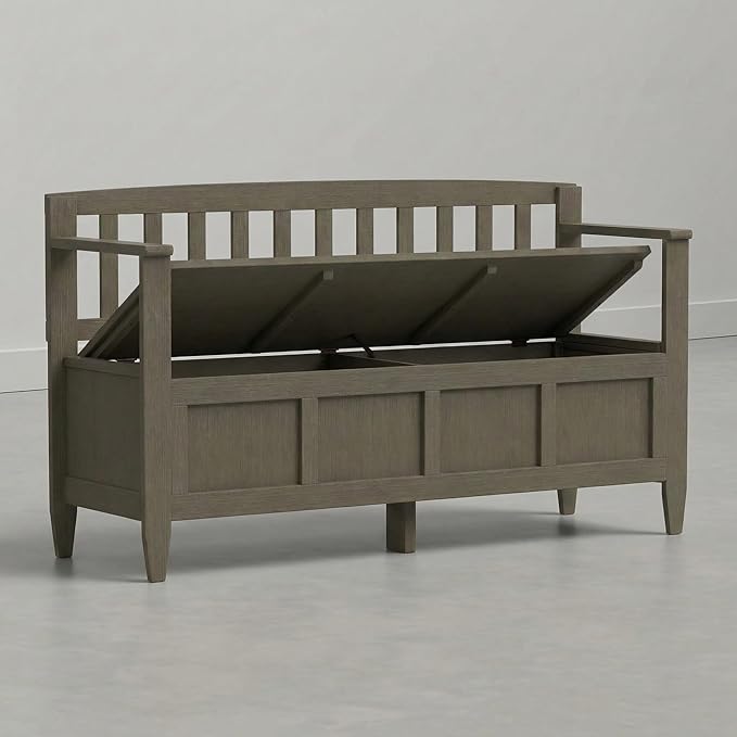 SIMPLIHOME Brooklyn Entryway Storage Bench - 48 inch Wide Solid Wood Storage Seat in Aged Grey, Contemporary Bench for Entryway or Living Room with Lift-Up Lid and Slatted Backrest