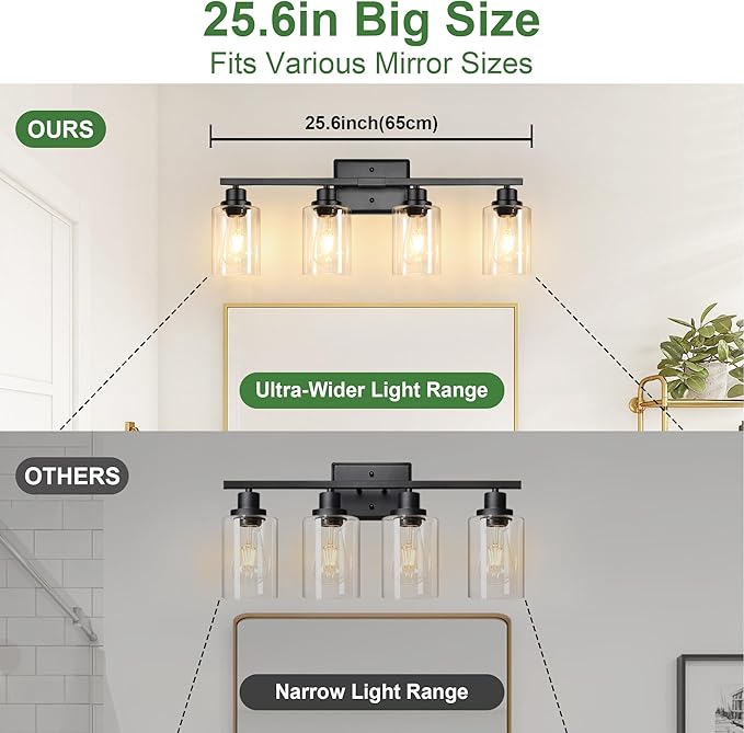 Ascher Bathroom Light Fixtures, 4-Light Vanity Lights with Clear Glass Shade, Modern Black Finish Wall Light for Mirror Bedroom Hallway Cabinet Porch