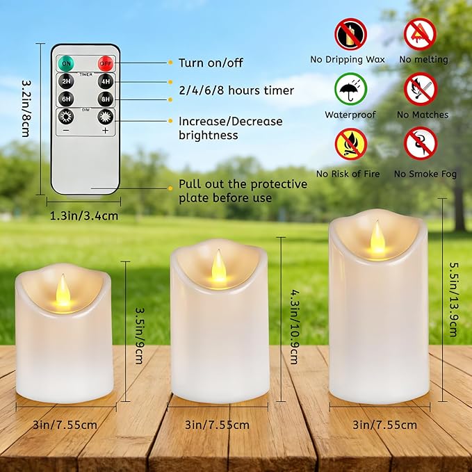 Pure White Flameless Candles, Patented 3D Dual-LED, Set of 6 Slanted Resin Pillars with 2 Remotes, Waterproof Non-Melting Battery Operated Decor for Patio Lanterns, White