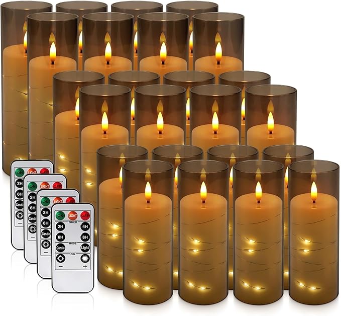 24 Pack Flameless LED Pillar Candles with Remote & Timer, Flickering Battery Operated Candles with Embedded Starry Lights, 3-Sizes Gray Acrylic Decorative Candles for Wedding, Home, Party Decor