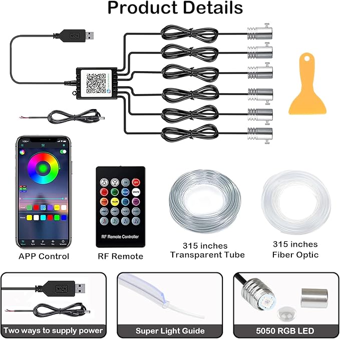 Interior Car LED Strip Lights, RGB 6 in 1 Ambient Lighting Kits with 315 inches Fiber Optic, 16 Million Colors Car Interior Lights with Wireless APP and Remote Control, Sync to Music