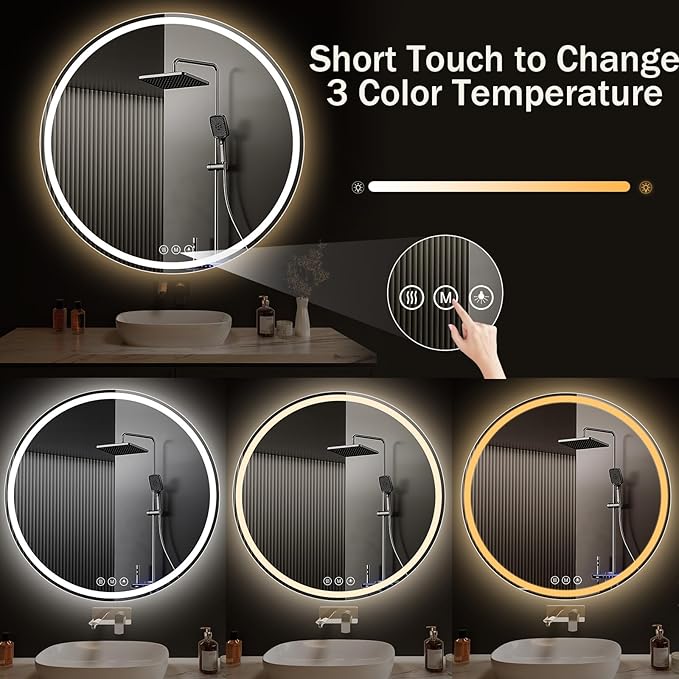 LED Bathroom Mirror 40 Inch Round Bathroom Mirror with Lights, Circle LED Mirror, Wall Mounted Lighted Bathroom with 3 Colors Brightness, Anti-Fog, Dimmable, Shatter-Proof