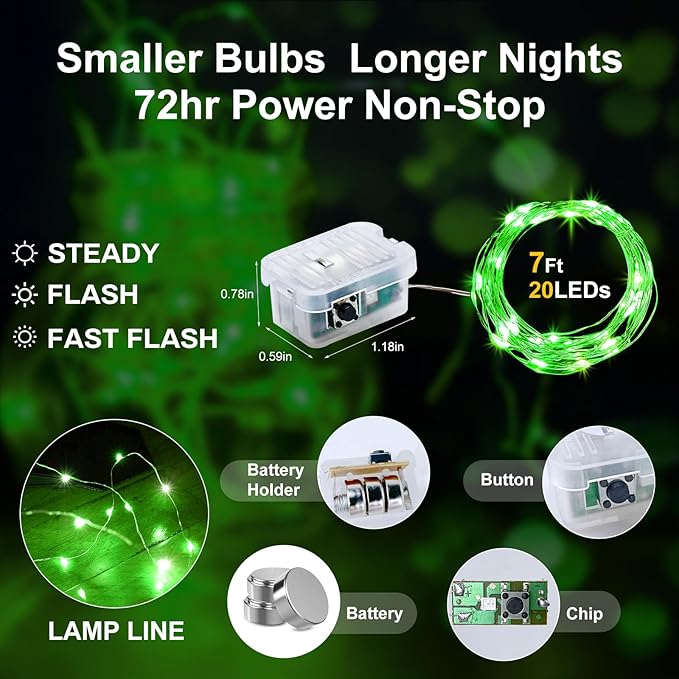 Aogist 100 Pack Fairy Lights 3 Modes 7ft 20 LED Waterproof,Battery Operated Silver Wire Firefly Starry Moon Mini String Lights for Mason Jars Christmas DIY Crafts Wedding Party Bedroom,Green