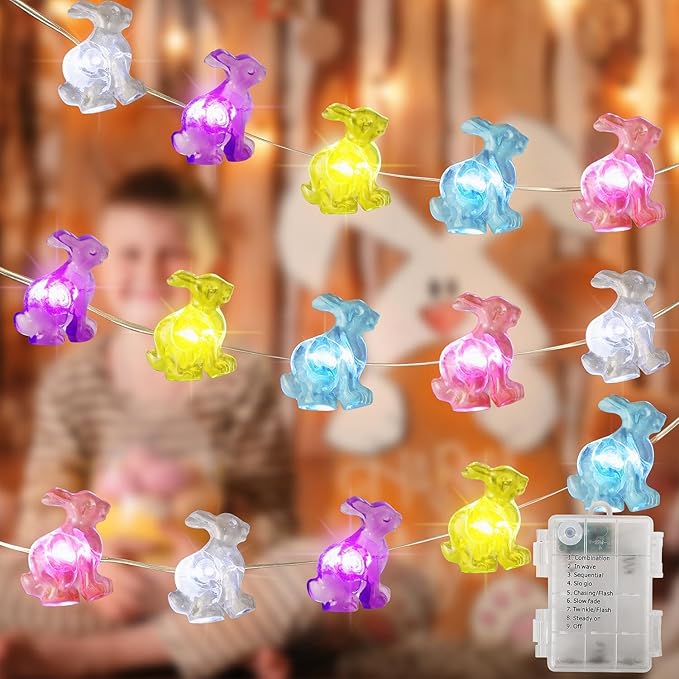 WATERGLIDE 1 Pack Easter Decorative Lights, 16FT 50LED Colorful Bunny String Fairy Lights, Battery Operated Rabbit Shaped Lights, 8 Modes & Timer, Waterproof Indoor Outdoor for Easter Party Home