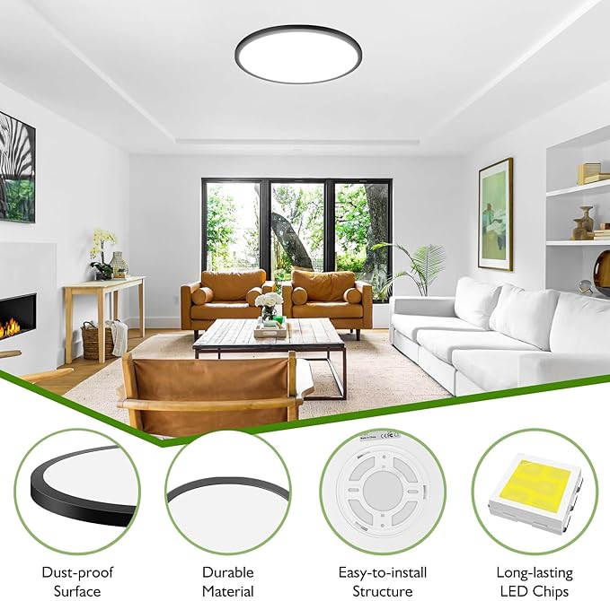 1Pack LED Flush Mount Ceiling Light Fixture, 15Inch 30W 4000Lm, Dimmable Modern Recessed Ceiling Lamp, 5000K Daylight White Round Low Profile Ceiling Light for Kitchen Closet Bedroom Hallway, Black