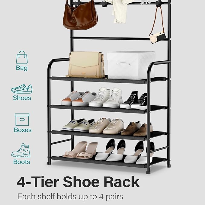 darsun Hall Tree with Shoe Storage Bench, 4-Tier Coat Rack with 8 Hooks, Multipurpose Entryway Organizer for Hall, Bedroom, Office, Shoe Bench with Storage (23.6in)