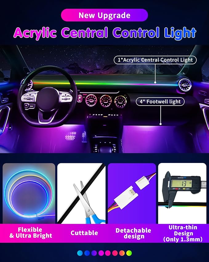 Car Led Light Interior, RGB Dreamcolor Inside Light Music Sync, Under Dash Footwell Automotive Strip Light, 12V Acrylic Strip Light for Vehicle, Truck,Jeep, SUV with Car Charger(1set)