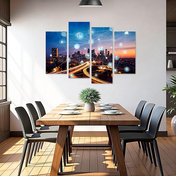 Canvas Wall Art Prints Pictures smart city wireless communication network Framed Posters Modern Wall Painting Artwork Gift Home Decor for Living Room Ready to Hang 4 Panel