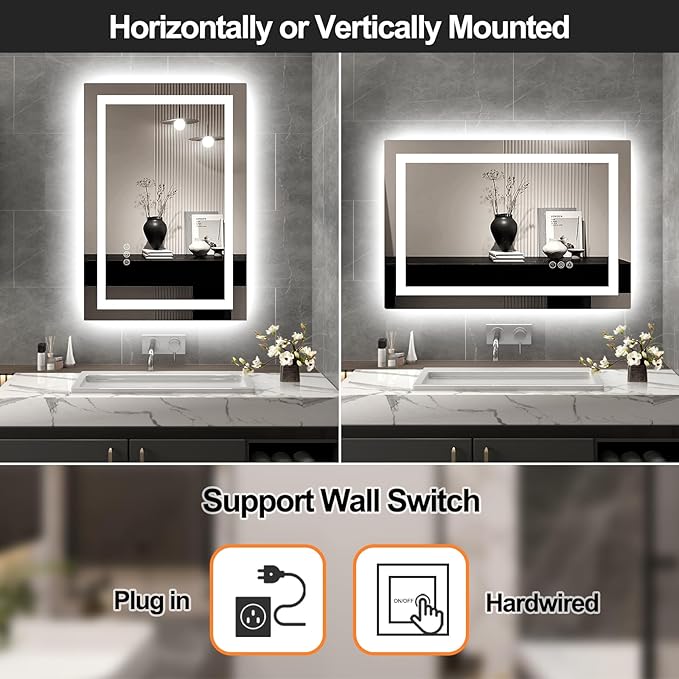 LED Mirror for Bathroom 24x36 Lighted Bathroom Vanity Mirrors with Lights, Brighter Frontlit and Backlit Anti-Fog Mirror, Tempered Glass, Dimmable 3 Colors Light Modes, Memory Function