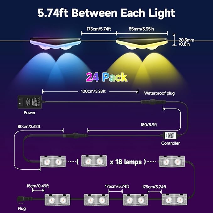 Fence Lights Outdoor 24 Packs,Smart RGB Fence Lighting with APP&Remote Control,IP67 Waterproof Fence Lights,DIY Scene Modes,LED Light for Fence,Patio,Yard,Garden(150ft)