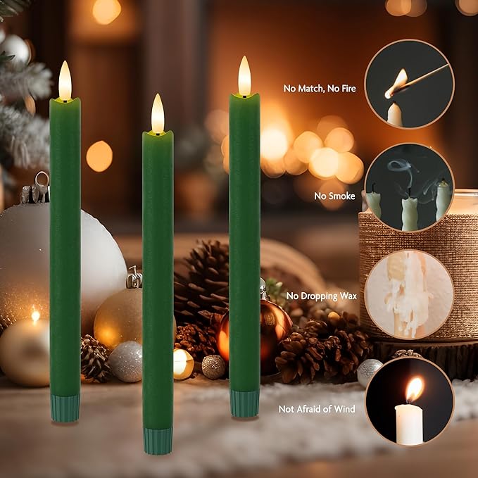 Green Flameless Taper Candles 9.6" Christmas LED Candles Real Wax with Remote Timer, Battery Operated LED Candles Set with 3D Flickering Flame, Classic Flickering Candlesticks for Home, Party, 3 Pack