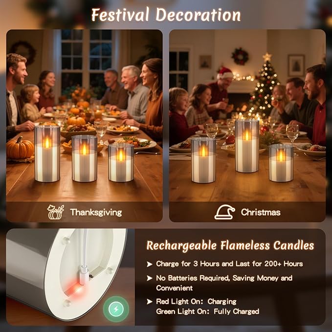 3PC Radar Motion Sensor Rechargeable Led Candles, Flameless Flickering Candle with Remote & Timer, Real Wax in Glass with Flickering Warm Light for Festival, Bedroom, christmas and party Decor-Gray