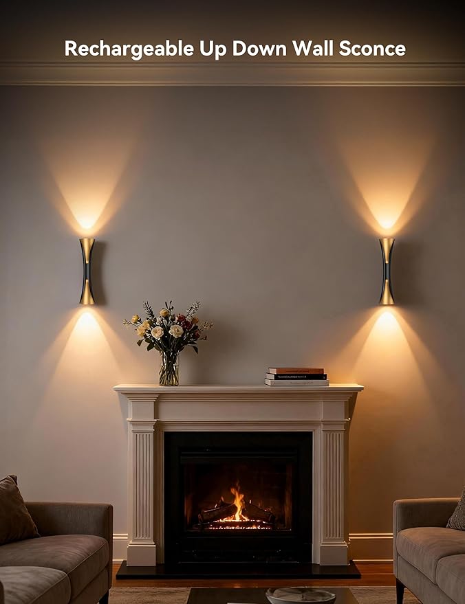 Tubicen Battery Operated Wall Sconce 9000mAh Rechargeable Up Down Wall Lights Cordless Movie Theater Sconces with Remote 2700K-5000K Dimmable Art Deco Wall Sconce for Living Room Bedroom 15.7" H
