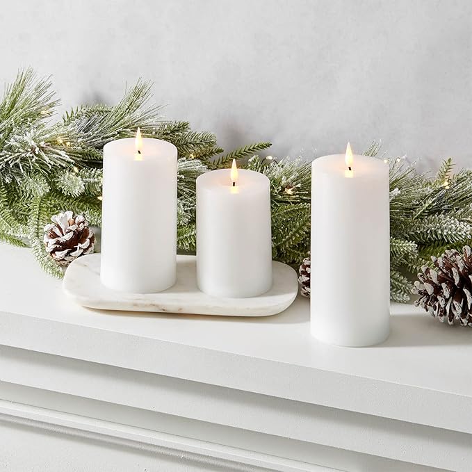 LampLust Realistic Flameless Pillar Candles with Remote, Set of 3, Batteries Included, Real White Wax, 3D Flickering LED Flame, 3 Inch Pillar Candles, Spring Decor, Centerpieces for Tables