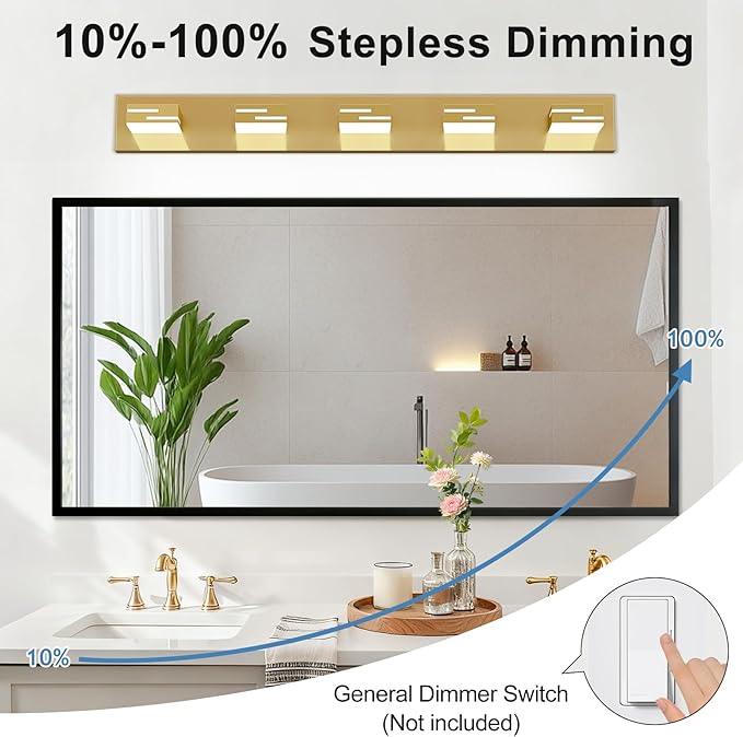 LED Modern Bathroom Vanity Light Fixtures, 5-Light 34-inch Dimmable Gold Vanity Lights for Bathroom Lighting Fixtures Over Mirror, with 350° Rotatable Heads (Cool White 6000K)