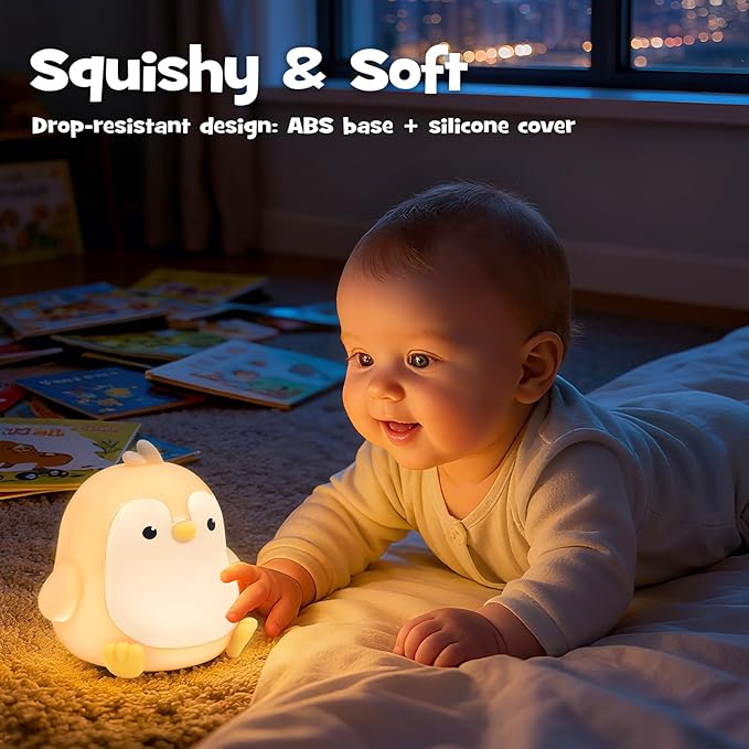 Squishy Penguin Night Light with RGB Mode Cute Chubby Penguin Light 3 Brightness Adjustable Nursery Breastfeeding Nightlight Rechargeable Silicone Touch Bedside Animal Lamp for Bedroom Dorm Decor