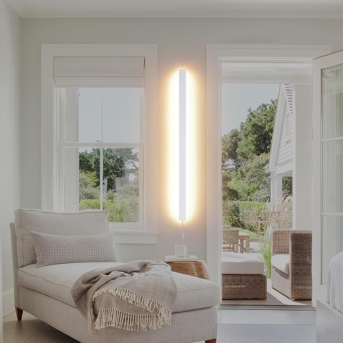 Modern Plug in Long Wall Sconce, 39.3" White Matte LED Wall Lights, 20W Warm White 3000K Acrylic Indoor Wall lamp, with 59" Plug Cable for Bedroom, Living Room, Hallway