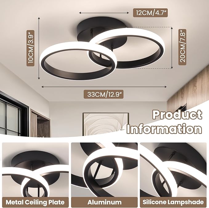 CANEOE Round Modern Led Ceiling Light Fixtures, 4500K Neutral Light Hallway Light Fixtures Ceiling, Bathroom Close to Ceiling Lights for Corridor Stair Aisle Lamps (Black, 1 Pack)