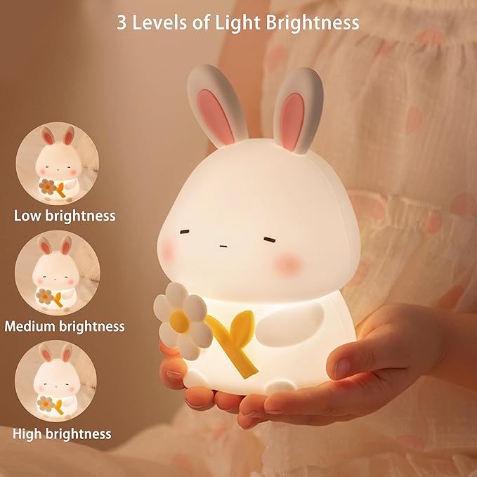 Led Cute Flower Bunny Night Light, Dimmable Timer Kawaii Lamps, Super Squishy Silicone USB Rechargeable Touch Control Night Lamp, Used for Camping Party Room Decor (Bunny with Flower)