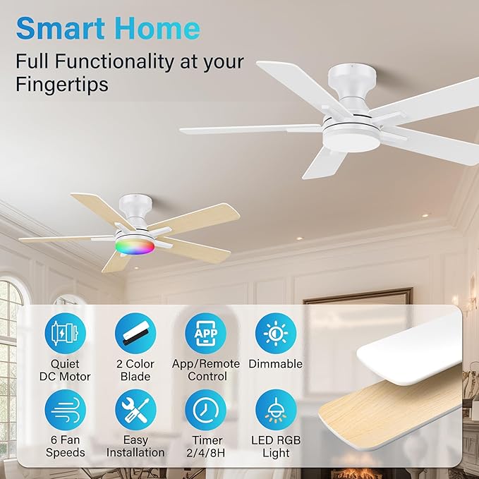 42 Inch Ceiling Fan with Lights and Remote,Flush Mount Ceiling Fan with APP Control,Quiet DC Motor,Dimmable LED/RGB,Low Profile Ceiling Fans for Bedroom,Modern Indoor,Patio,White and Wood Blades