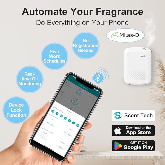 Waterless Essential Oil Diffuser for Home and Commerical, Aromatherapy Diffuser for Large Rooms Up to 1500 sqft, Bluetooth Smart Scent Air Machine with 13.5 fl.oz./400 mL Capacity, Cold Air, Milas-D
