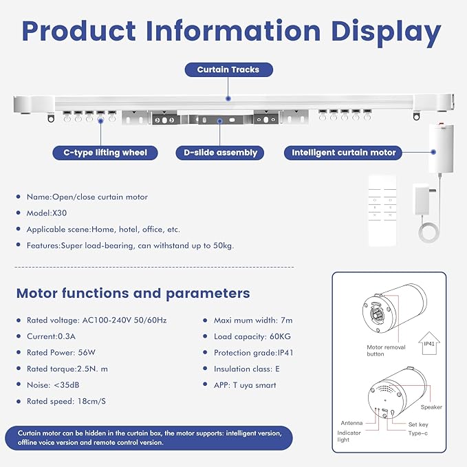 Smart Mini40 Heavy Duty Motorised Curtain System - 60kg Load Capacity, Remote Control, Voice-Activated (Alexa/Google Home) & Tuya App Compatible, Ultra-Quiet Smart Curtain Motor Kit (3.2M)