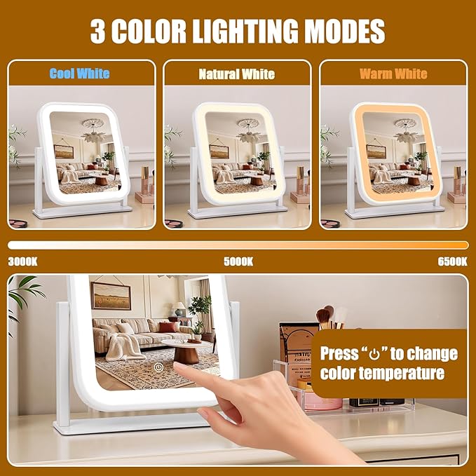 Vanity Mirror with Lights, 1500mAH, 10"×9" Makeup Mirror with Lights, Smart Touch with 3-Color Lighting, 360° Rotation, Portable LED Desk Mirror, Bedroom (White)