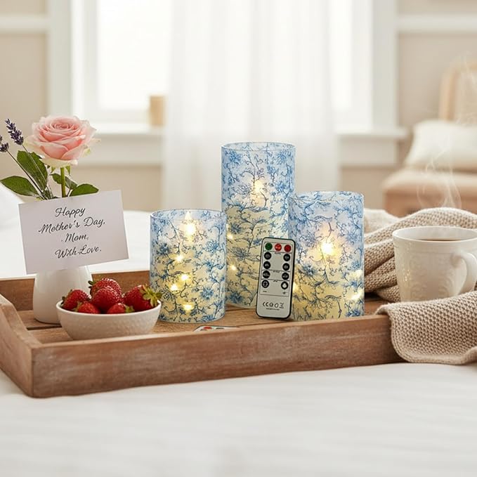 Blue Floral Flameless LED Pillar Candles with String Lights, 3pcs Battery Operated Flickering Candles with Remote Timer, Decorative Flower Printed Candles for Wedding Home Decor Romantic Ambiance